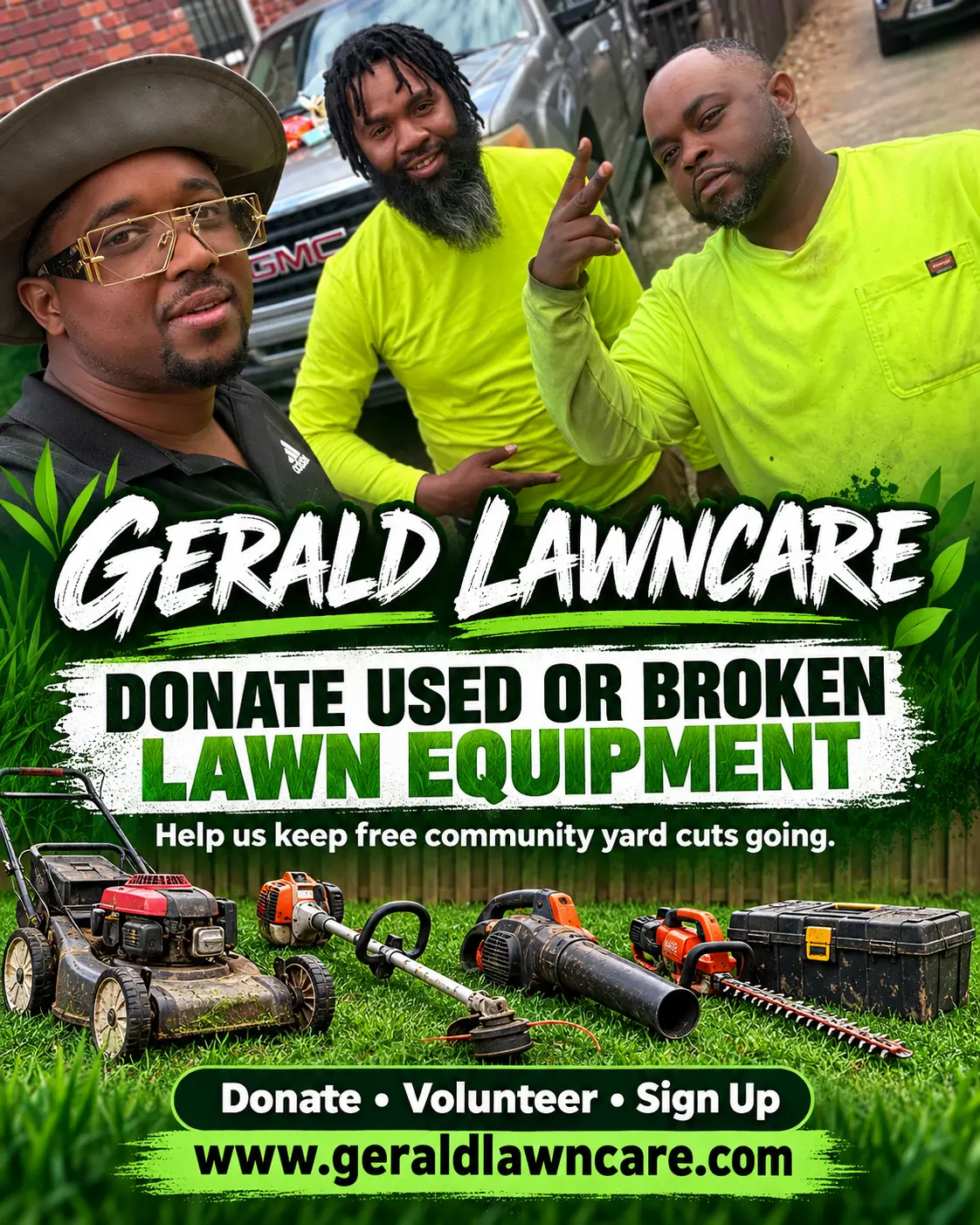 Gerald Lawncare flyer asking neighbors to donate used or broken lawn equipment to help keep free community yard cuts going.